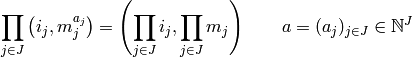 \prod_{j \in J}\left(i_j,  m_j^{a_j} \right) = \left(\prod_{j \in J} i_j, \prod_{j \in J} m_j \right) \qquad  a=(a_j)_{j \in J} \in \mathbb{N}^J